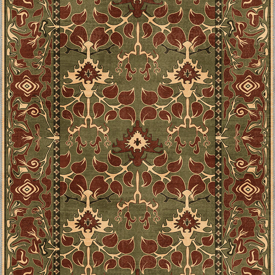 Decorative green rug with intricate pattern.