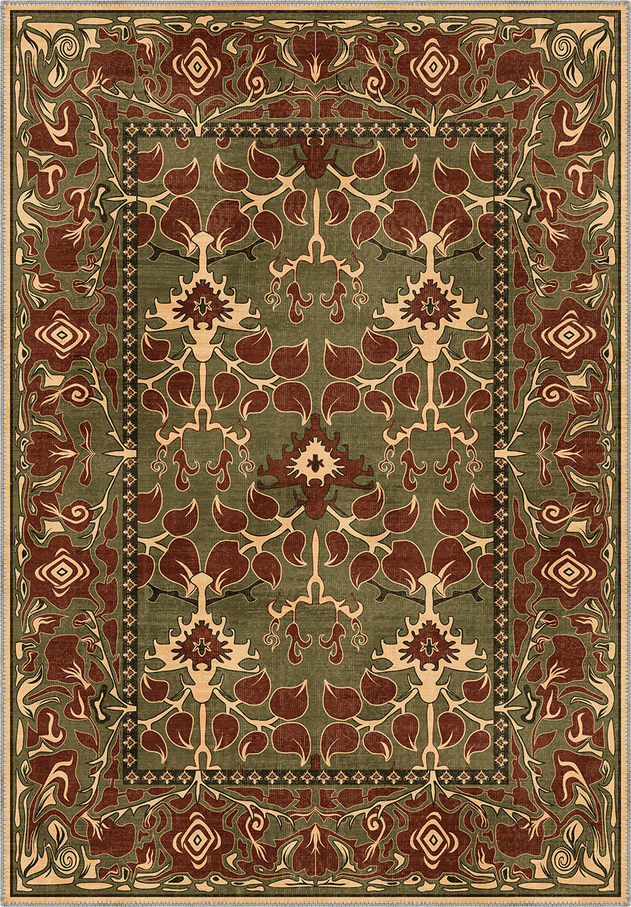 Decorative green rug with intricate pattern.