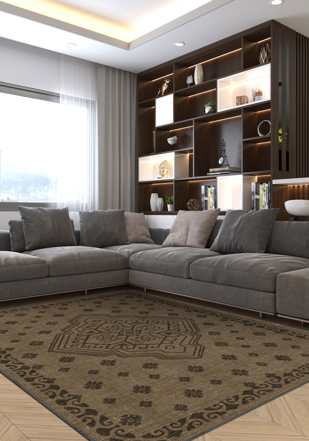 Rustic brown rug for living room.
