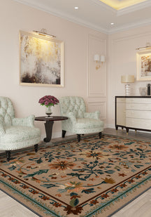 Brown floral rug for living room.