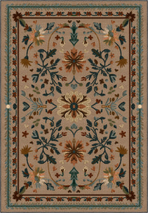 Brown Anatolian rug with floral motifs.