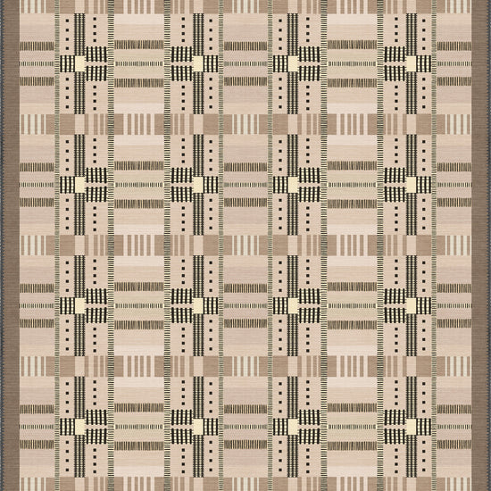 Geometric rug with beige tartan pattern.