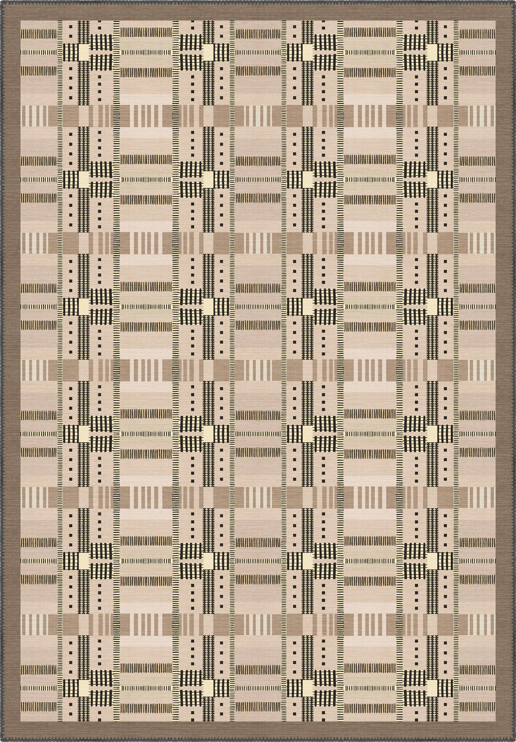 Geometric rug with beige tartan pattern.