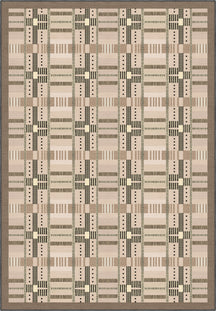 Geometric rug with beige tartan pattern.