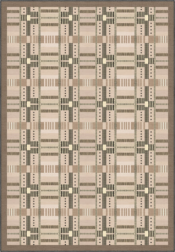 Geometric rug with beige tartan pattern.