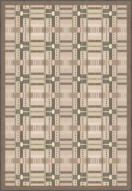 Geometric rug with beige tartan pattern.