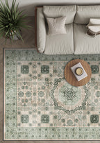 Sage green Mamluk rug for living room.