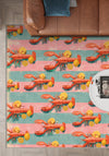 Rug with lobster and lemon pattern on a wooden floor