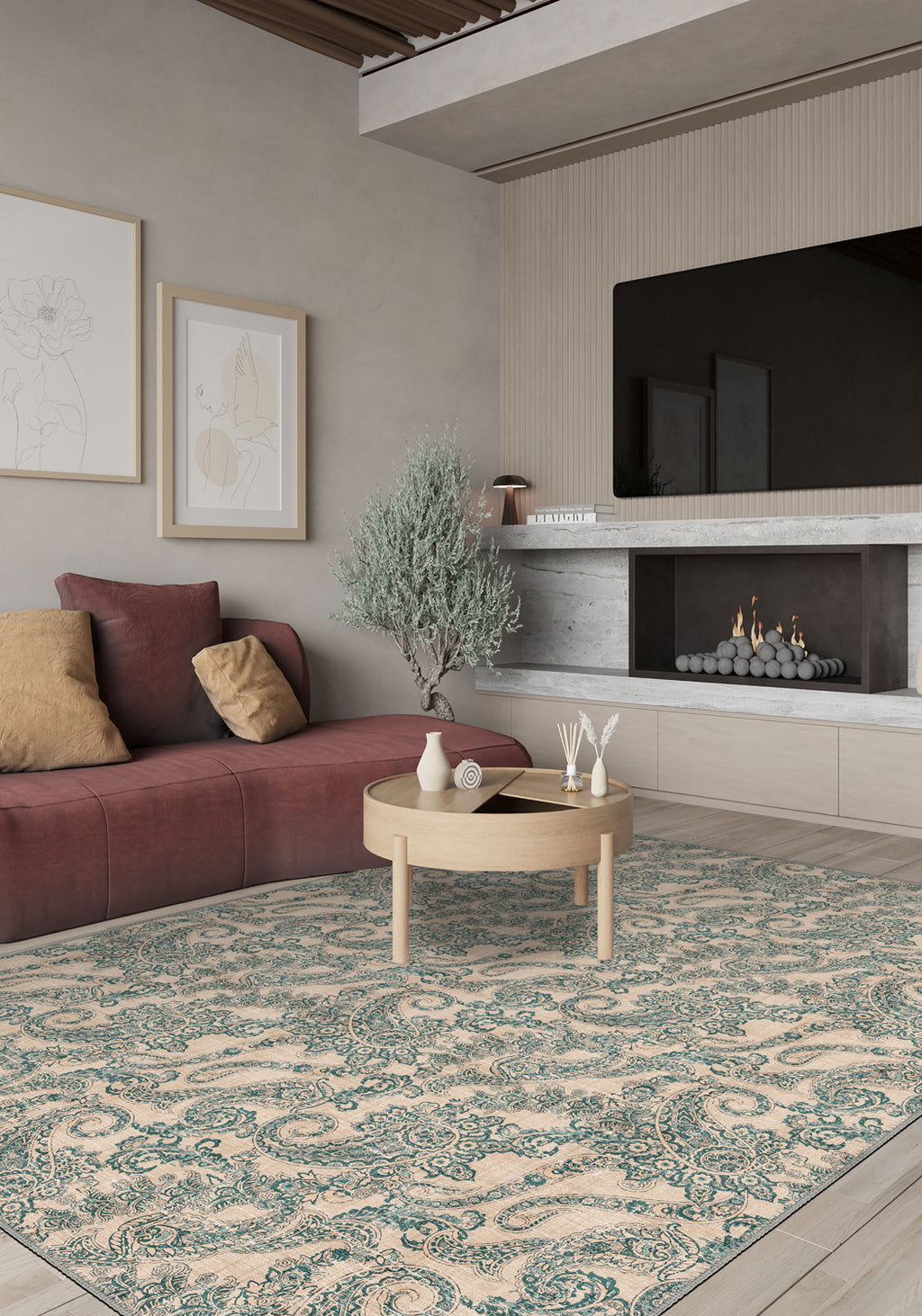 Cream teal paisley rug.