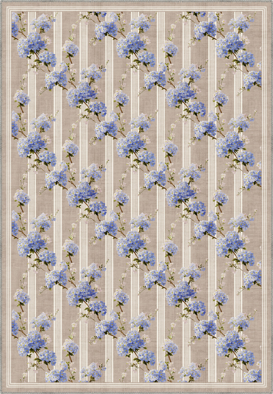 Romantic floral rug with hydrangeas.