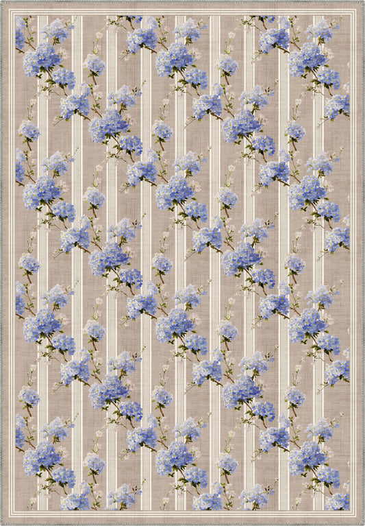 Romantic floral rug with hydrangeas.