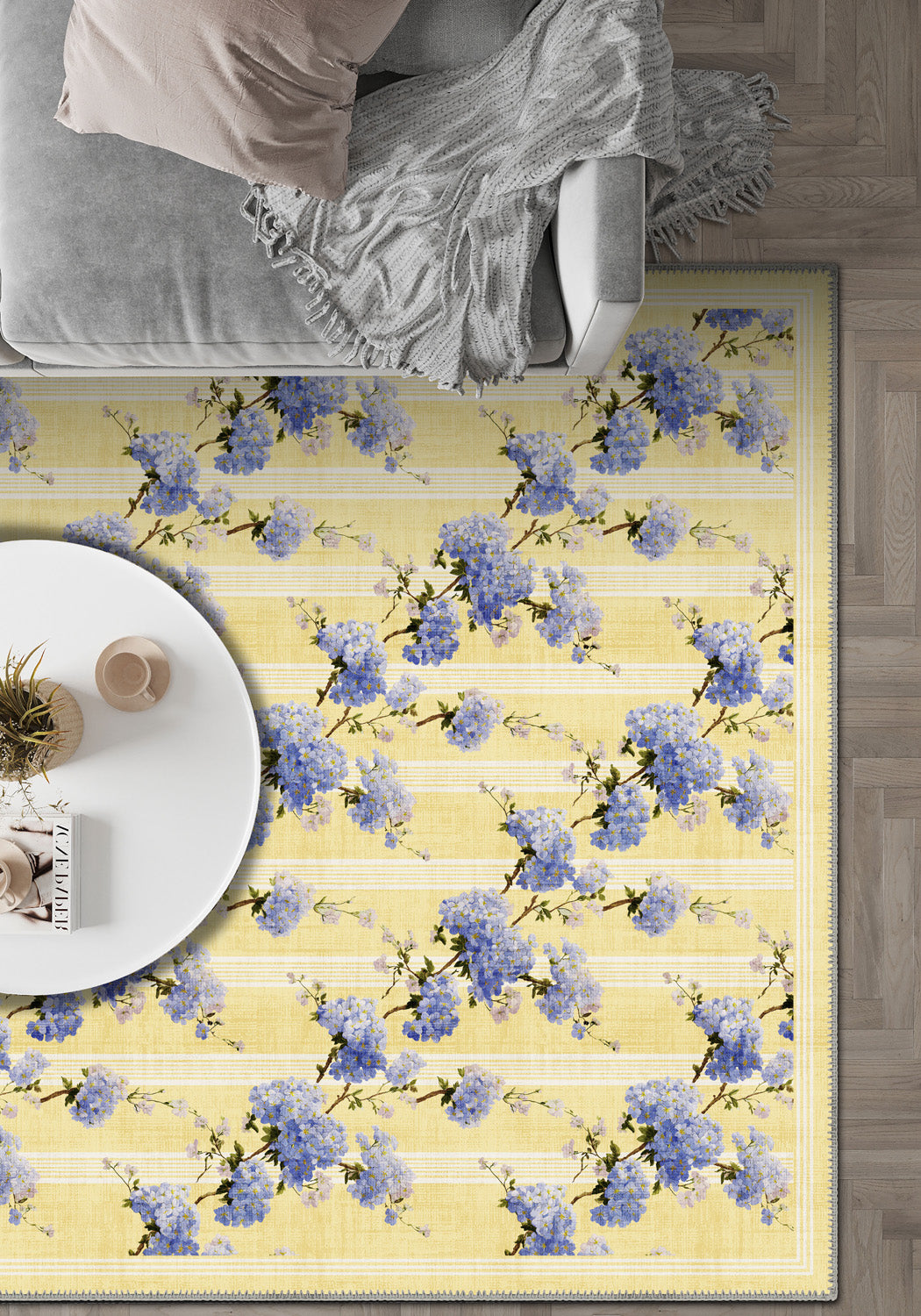 Yellow and lavender floral rug for living room.