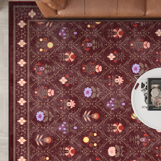 Burgundy folk rug for living room.
