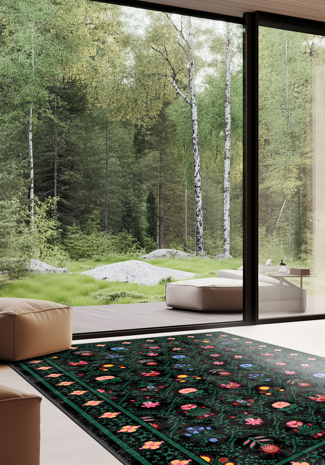 Botanical kilim rug for living room.