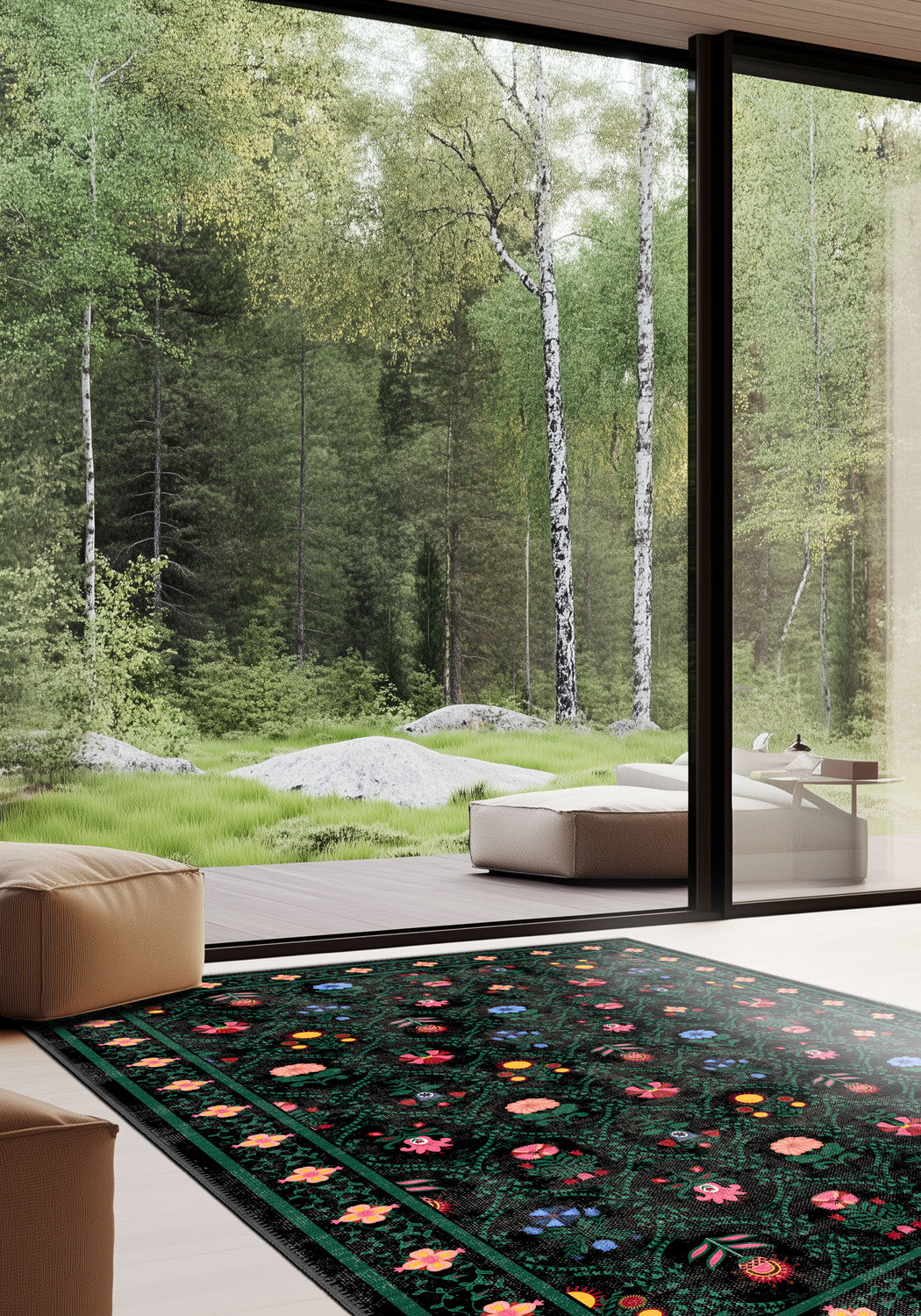 Botanical kilim rug for living room.