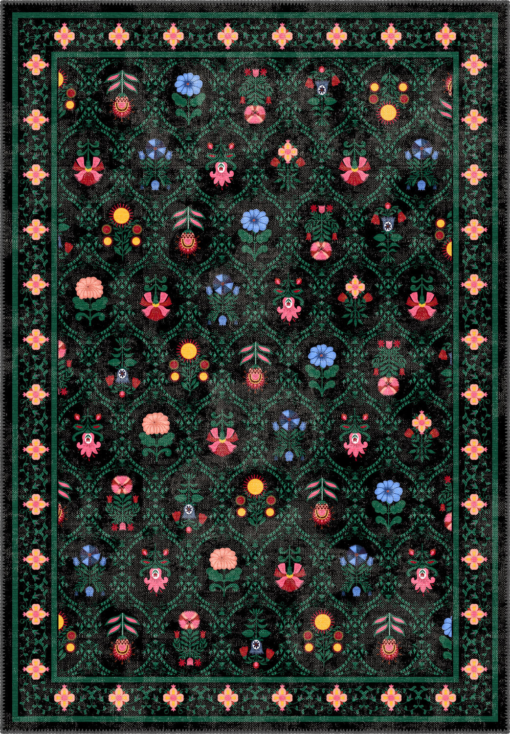 Kilim rug with floral patterns on a dark green and black background