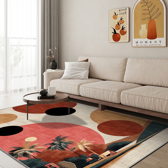 Geometric tropical rug for living room.