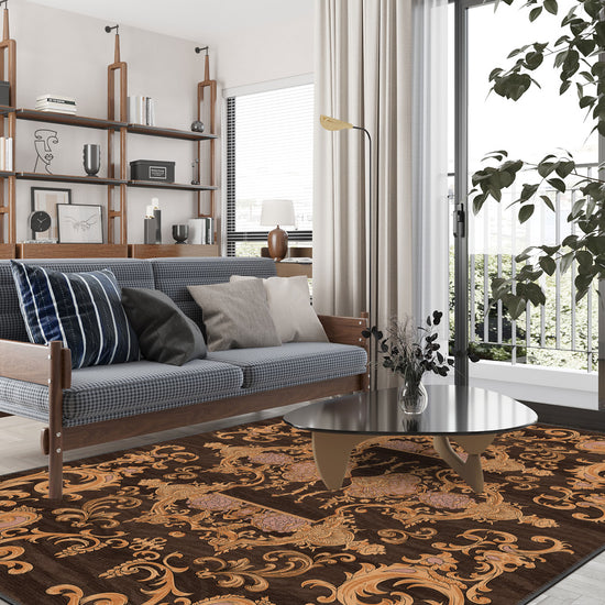 Ornamental brown rug for living room.