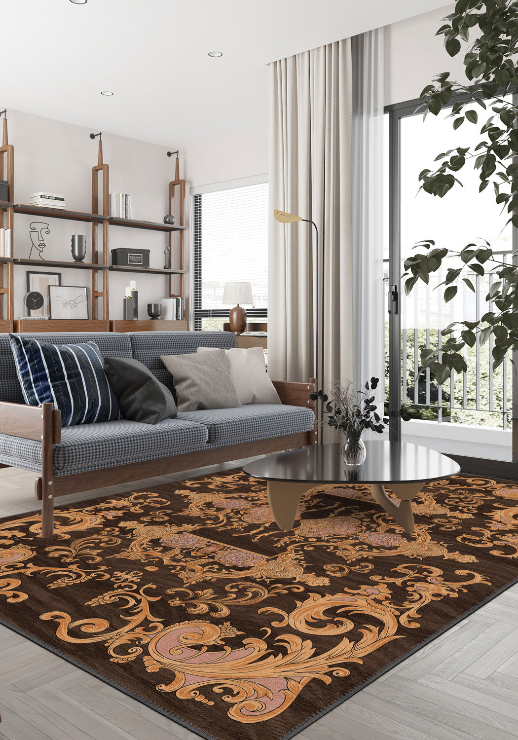 Ornamental brown rug for living room.