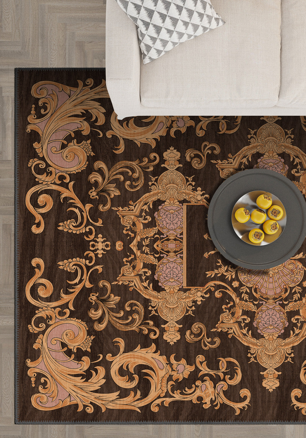 Brown baroque rug for living room.
