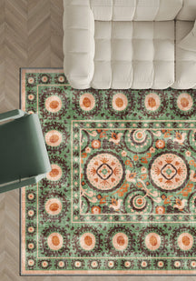 Green ethnic rug for living room.
