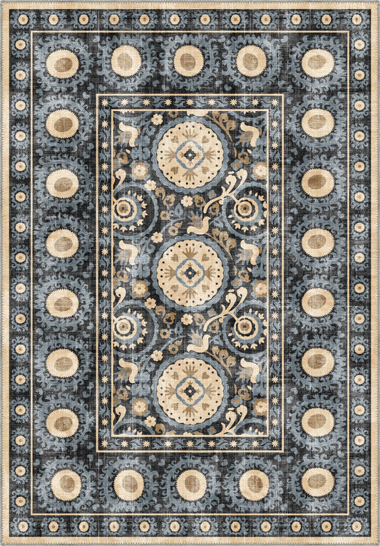 Blue ethnic rug for living room.