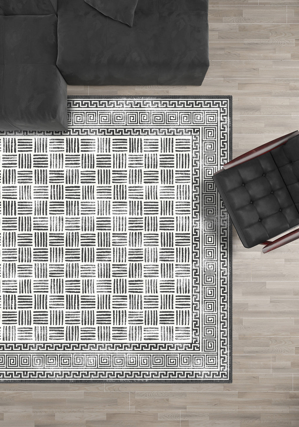 Black and white geometric rug for living room.