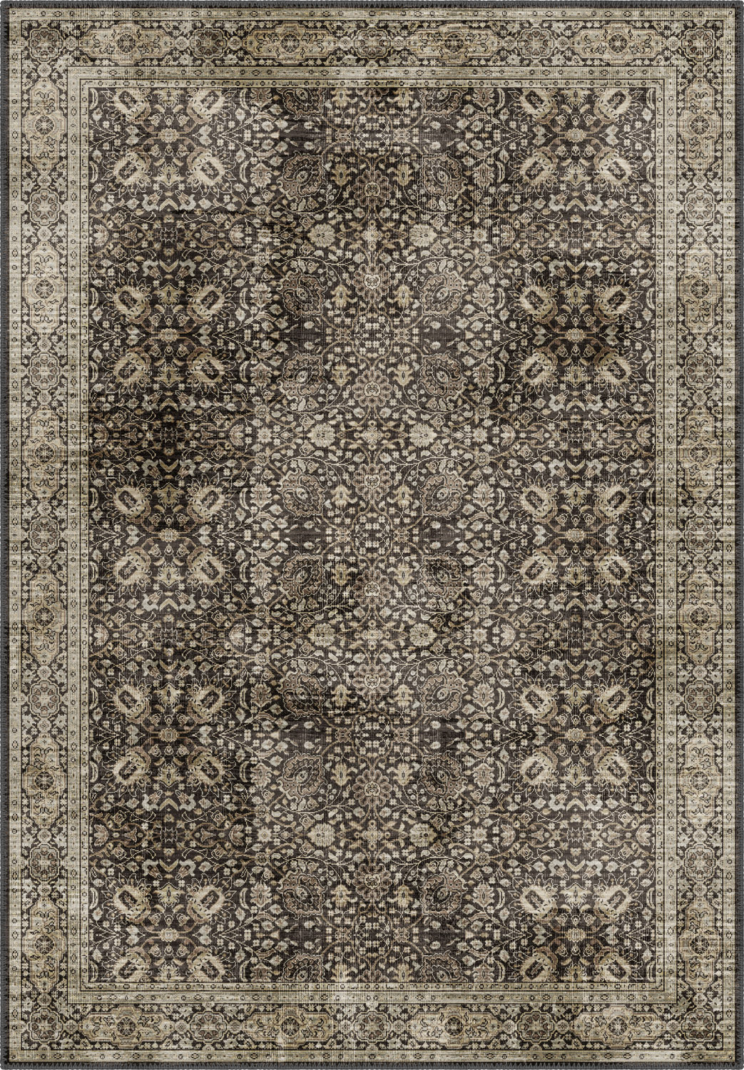 Brown persian rug with herati style motifs.