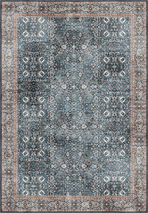 Navy rug with intricate pattern.