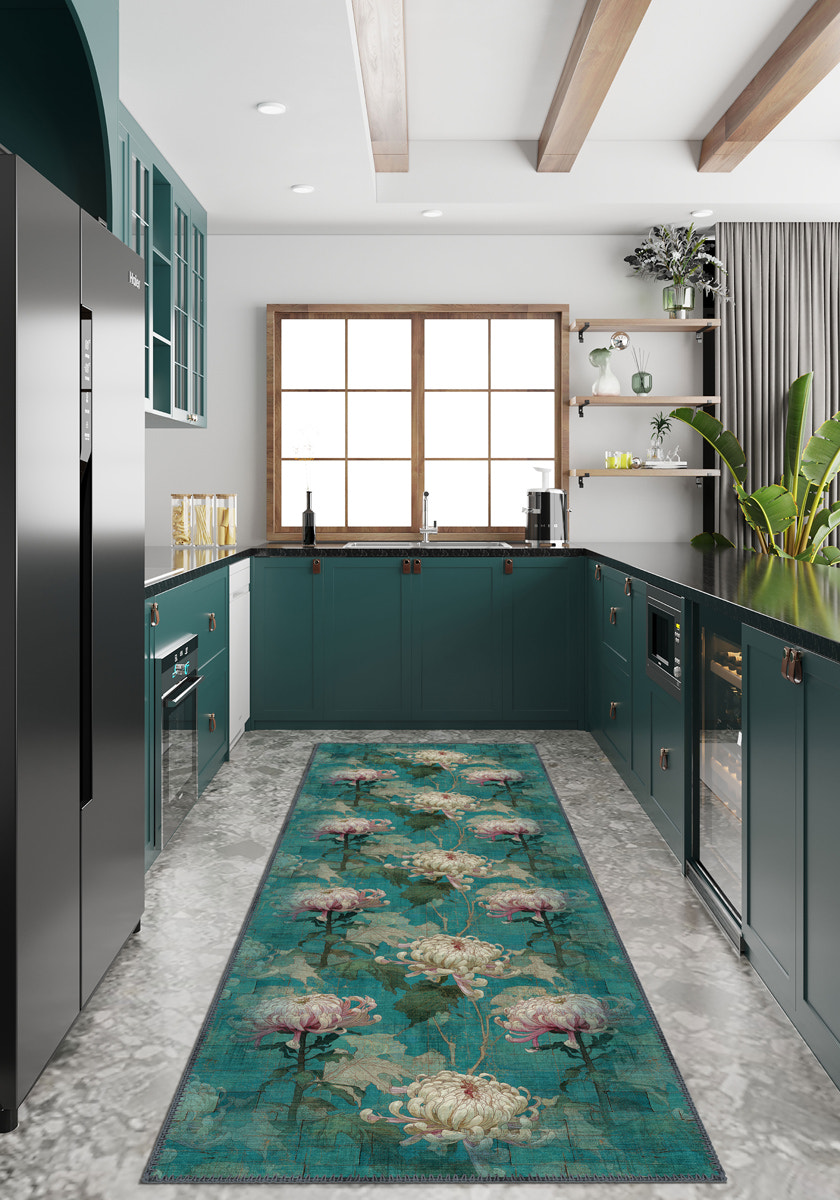 Chryselle Teal Chrysanthemum Rug