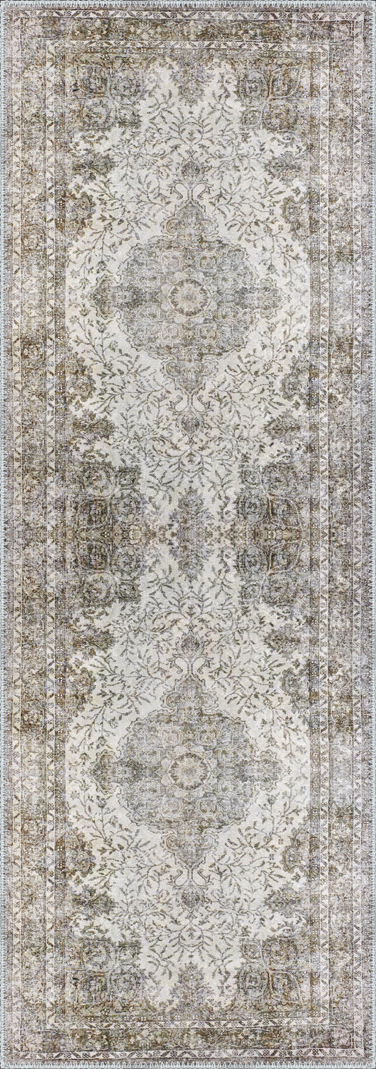 Hudson Green Beige Medallion Washable Rug